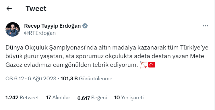 Cumhurbaşkanı Erdoğan'dan Mete Gazoz'a tebrik 6 Ekran goruntusu 2023 08 06 183447