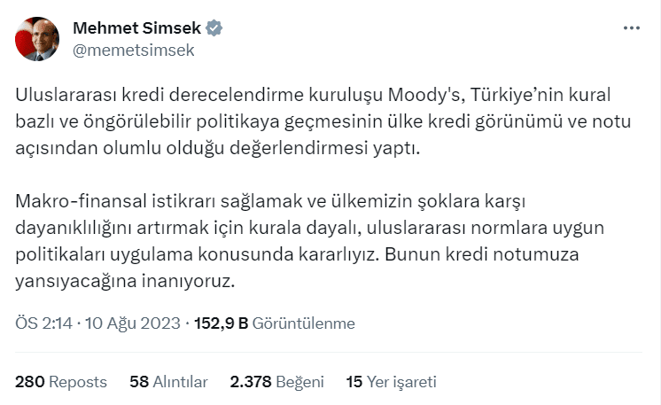 Bakan Mehmet Şimşek'ten Moody's yorumu 3 Ekran goruntusu 2023 08 10 143614
