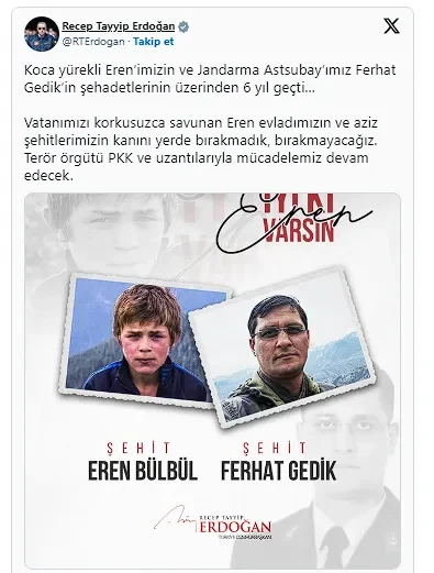 Cumhurbaşkanı Erdoğan, Eren Bülbül ve Ferhat Gedik'i unutmadı! 3 erdogan erenbulbul e1691751963117