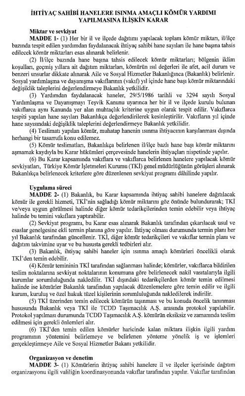 Resmi Gazete yayınlandı! İhtiyaç sahiplerine kömür yardımı 8 resmi gaz