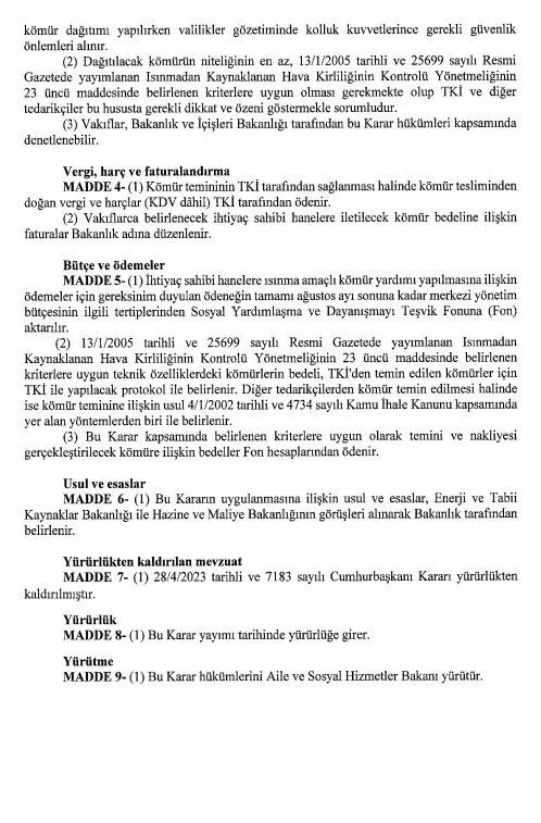 Resmi Gazete yayınlandı! İhtiyaç sahiplerine kömür yardımı 9 resmi gaz2