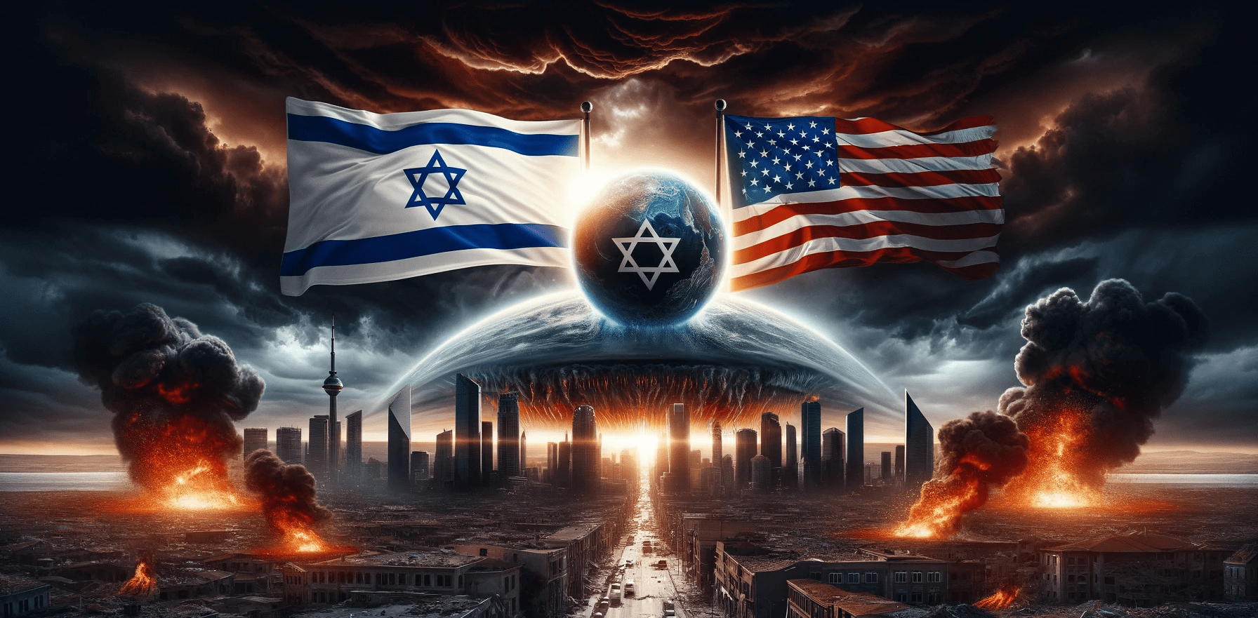Armageddon: Dünyanın Sonu mu, Yoksa Tarihin En Büyük Uyarısı mı? 4 DALL·E 2023 11 21 21.17.04 A powerful and symbolic representation of the concept of Armageddon in the modern geopolitical context prominently featuring only the flags of Israel 2 e1700591703913