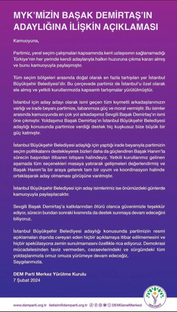 Başak Demirtaş İstanbul Adaylığından Çekildi, DEM Parti Adayını Açıklıyor 2 Ekran goruntusu 2024 02 07 132327