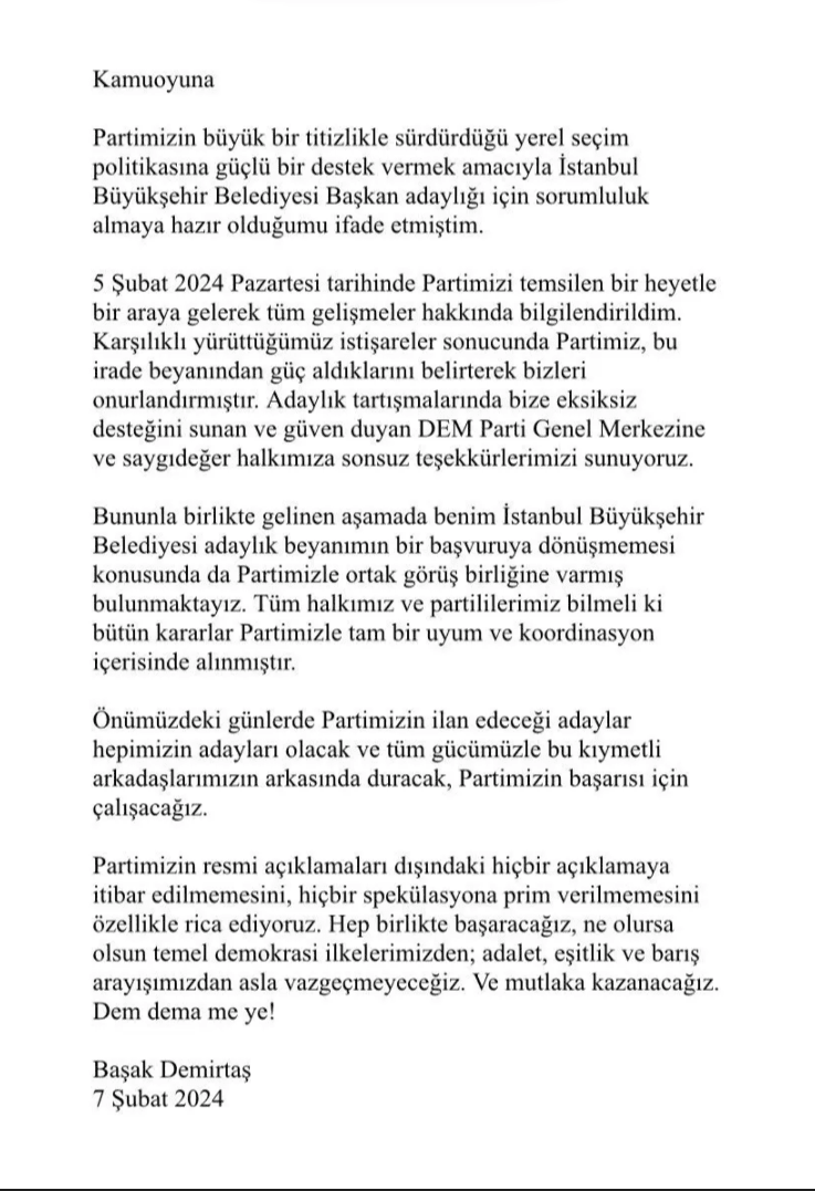 Başak Demirtaş İstanbul Adaylığından Çekildi, DEM Parti Adayını Açıklıyor 3 Ekran goruntusu 2024 02 07 132343