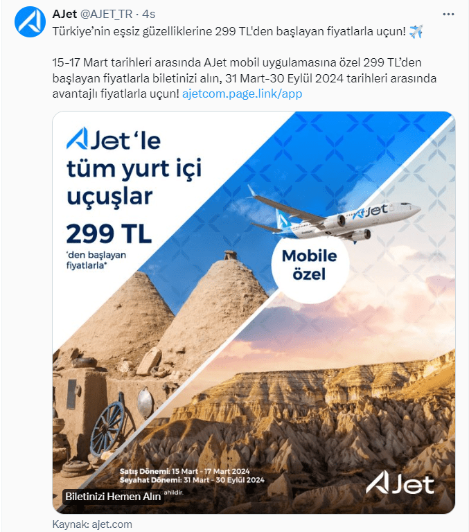 AJet, 299 TL'den Başlayan İndirimli Bilet Kampanyasını Başlattı 1 Ekran goruntusu 2024 03 15 163117