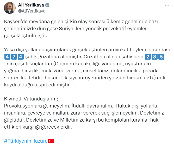 Yerlikaya: 474 Gözaltı, Suriyelilere Yönelik Provokasyonlar! 1 Ekran goruntusu 2024 07 02 140641