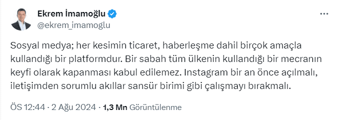 İmamoğlu: Sosyal Medya Sansürü Kabul Edilemez! 1 Ekran goruntusu 2024 08 02 145628