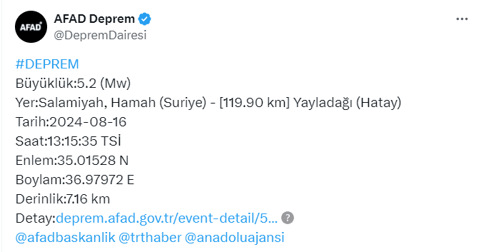 Suriye'de Peş Peşe Depremler! Hatay'da Korkutan Sarsıntılar 1 Ekran goruntusu 2024 08 16 133655