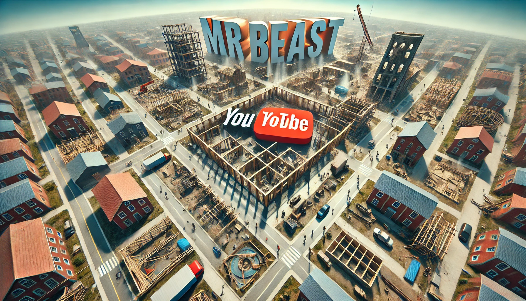 MrBeast’in Gizli Projesi: Kasabasını Dev Oyun Alanına Dönüştürüyor! 2 DALL·E 2024 09 01 02.50.45 A wide angle dynamic visual capturing the transformation of a small town into Beast City with large scale construction and obstacle courses. The sc