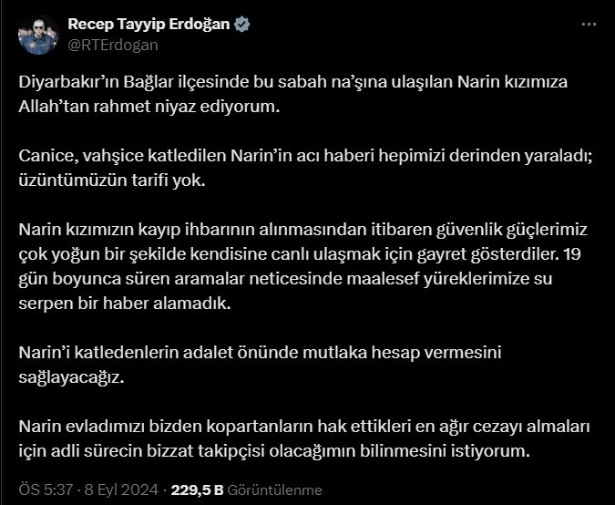 Erdoğan'dan Narin Güran Açıklaması: "Sürecin Takipçisiyim!" 1 Ekran goruntusu 2024 09 08 181224