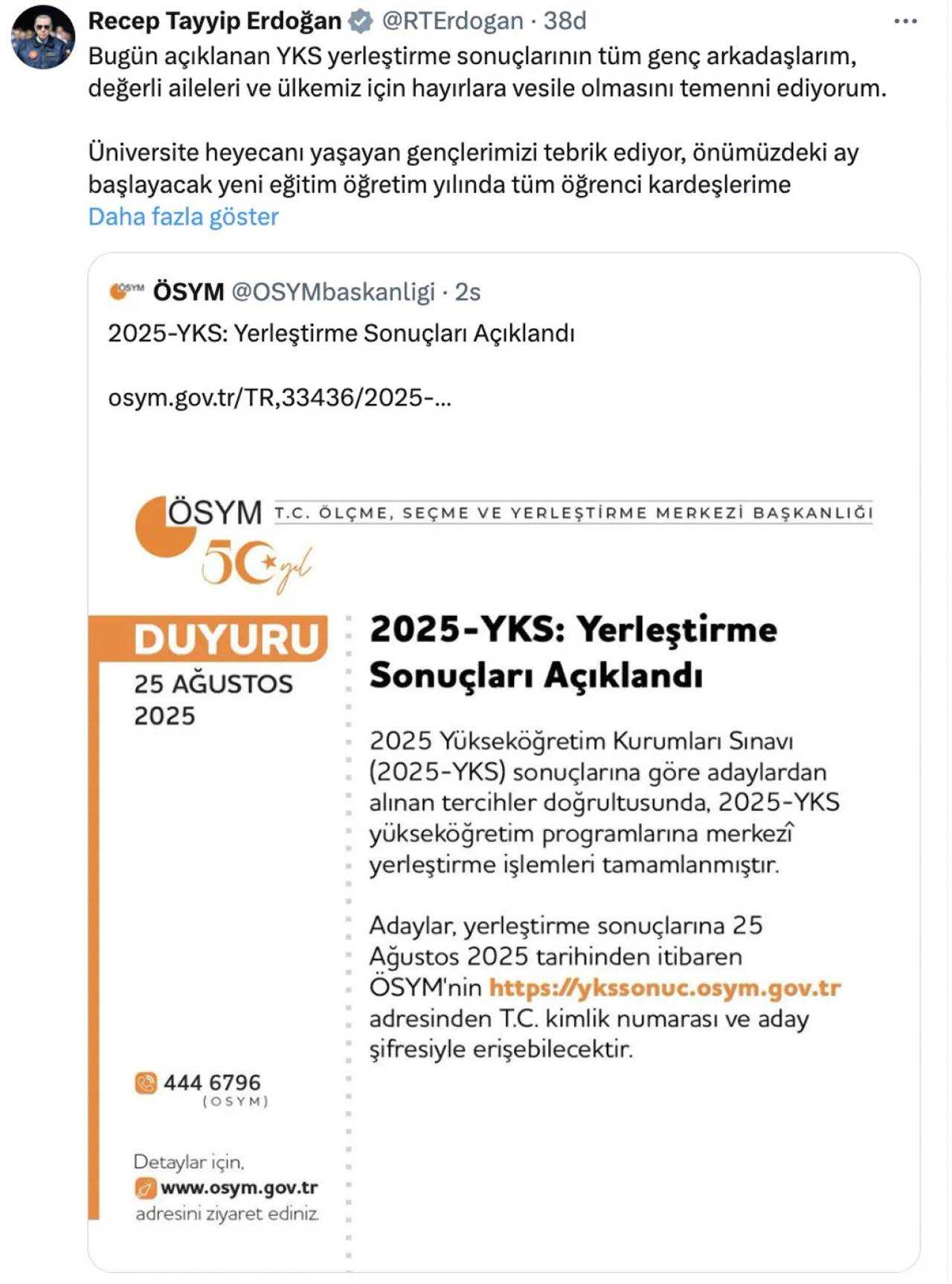 2025 YKS Sonuçları Açıklandı: Erdoğan Gençleri Tebrik Etti 1 2025 YKS Sonuclari Aciklandi Erdogan Gencleri Tebrik Etti 2